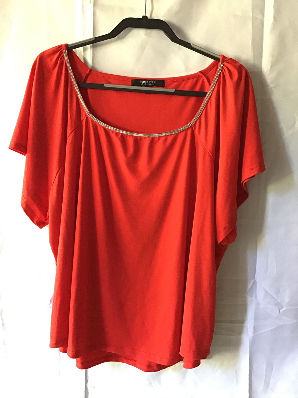 186 Lush Red Scoop-Neck Blouse with Rhinestone Trim